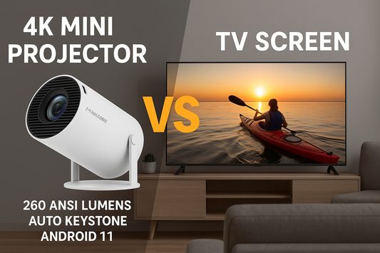 4K mini projector casting a large image on the left and an 85‑inch TV screen showing a sunset kayak scene on the right, highlighting projector vs. TV comparison.