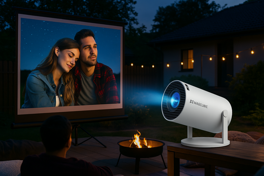MagCubic HY300 Pro portable projector on stand displaying backyard cinema under the stars.