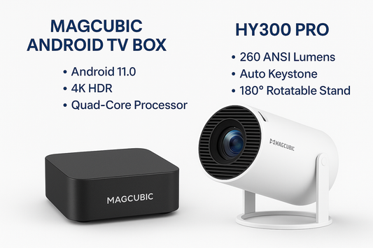 MagCubic HY300 Pro 4K portable projector with Android TV Box, featuring 260 ANSI lumens brightness, auto-keystone correction, 180° rotating stand, and built-in streaming apps ideal for backyard cinema and family entertainment.