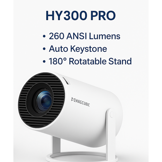 MagCubic HY300 Pro 4K mini projector: a portable projector perfect for backyard movie nights and outdoor cinema. Crisp 4K visuals, Android 11, WiFi 6.